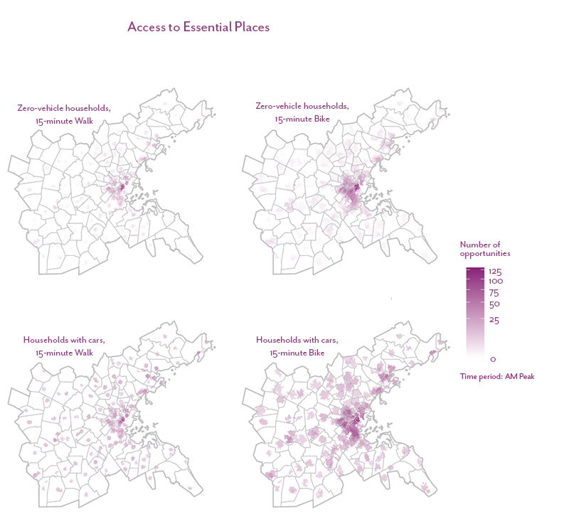 Figure 27 is a map that shows the number of essential place opportunities accessible within a 15-minute bicycle or walk trip for zero-vehicle households and households with a vehicle in the Boston region.